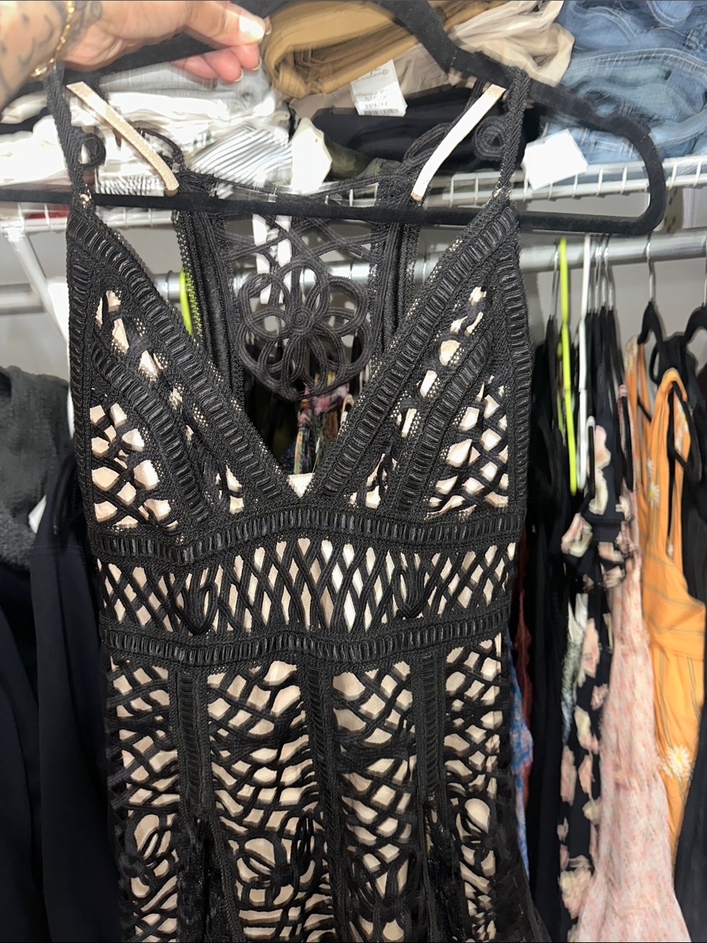 Free People Black Crochet Strapless Dress with Nude Lining